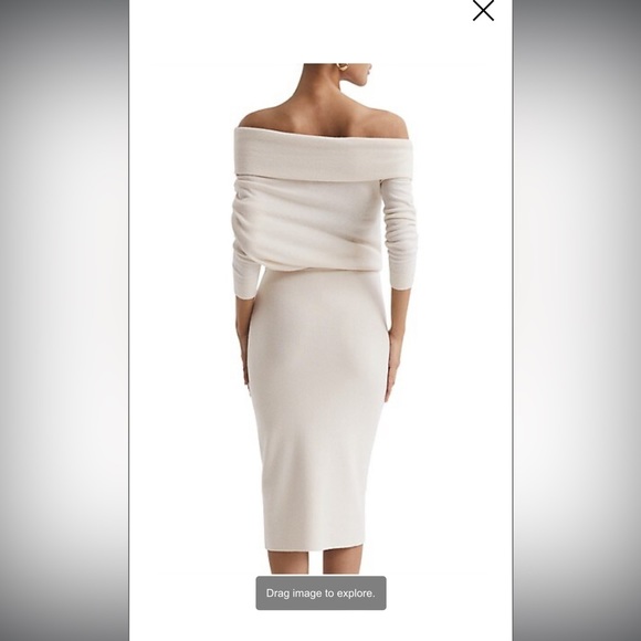Reiss Sutton Wool blend off the shoulder cream midi dress size L - Picture 2 of 10